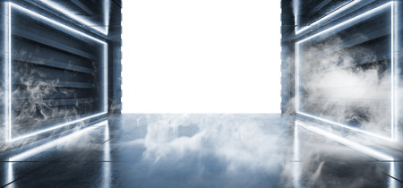 Smoke Neon Laser Fluorescent Blue Futuristic Garage Showroom Tunnel Corridor Concrete Metal Grunge Reflective Empty Space White Glow Showcase Stage Underground Entrance 3D Rendering Illustrationの写真素材