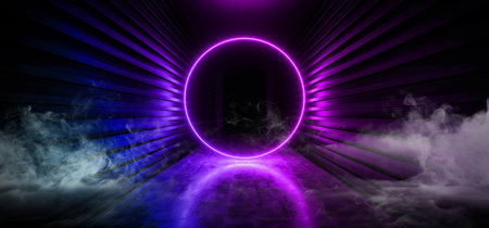 Sci Fi Smoke Futuristic Fog Steam Circle Shaped Rainbow Purple Pink Blue Glowing Neon Fluorescent Laser Ring Portal Gate Light In Dark Concrete Metal Corridor Tunnel 3D Rendering  Illustrationの写真素材