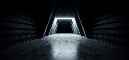 Future Corridor Tunnel Spaceship Dark Futuristic Sci Fi Reflection Grunge Concrete Triangle Shape Entrance Alien Led Glow White Blue Hallway Huge 3D Rendering Illustrationの写真素材