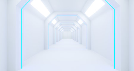 3d rendering of realistic white sci fi corridor with lightsの写真素材