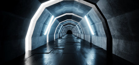 Sci Fi Oval Arc Shaped Alien Empty Long Grunge Concrete Tiled Reflective Floor Corridor Tunnel Hall With Blue Lights Futuristic Dark 3D Rendering illustrationの写真素材