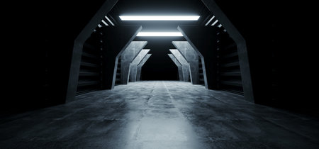Futuristic Modern Sci Fi Concrete Hallway Corridor Tunnel Warehouse Underground Garage Grunge Dark Empty Reflection Showcase Stage White Blue Glow Spaceship 3D Rendering Illustrationの写真素材