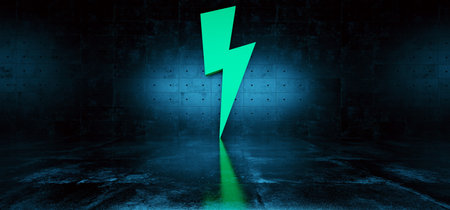 Dark Sci Fi Futuristic Modern Concrete Grunge Room Reflective Texture Empty Space With Green Big Thunder Bolt High Voltage Lightning Shape Object 3D Rendering  Illustrationの写真素材