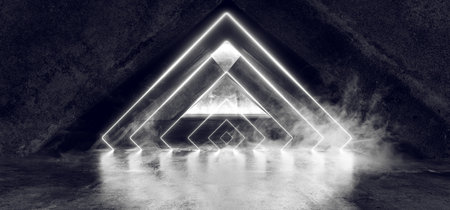 Smoke Fog Sci Fi Fluorescent Vibrant Triangle Shaped Neon Glowing Blue White Lights In Huge Dark...