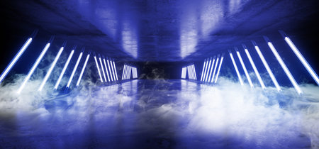 Smoke Cement Futuristic Sci Fi Neon Glowing Laser Fluorescent Retro Blue Vibrant Tunnel Corridor Dark Empty Grunge Concrete Reflections Way Gateway Club Underground Virtual 3D Rendering Illustrationの写真素材