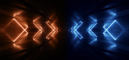 Neon Arrow Shaped Triangle Neon Led Laser Blue Orange  Glowing Light Underground Tunnel Corridor Garage Dark Empty Sci Fi Futuristic Spaceship Concrete 3D Rendering Illustrationの写真素材