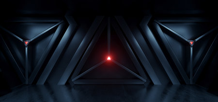 Sci Fi Cyber Futuristic Spaceship Tunnel Corridor Glowing Blue Red Lights Metal Triangle Doors Showroom Warehouse Underground Cement Concrete Glossy Floor Background Realistic 3D Rendering Illustrationの写真素材