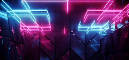 Concrete Blocks Sci Fi Futuristic Fashion Stage Podium Tunnel Corridor Neon Glowing Laser Beams Purple Blue Cyber Grunge Reflections Empty Underground Dark Garage 3D Rendering Illustrationの写真素材