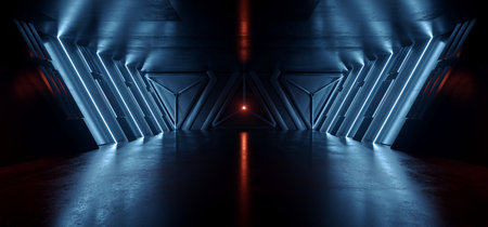 Neon Blue Laser Lines Sci Fi Cyber Futuristic Spaceship Tunnel Corridor Glowing Orange Lights Metal Triangle Doors Showroom Warehouse Underground Cement Concrete Glossy Floor Background Realistic 3D Rendering Illustrationの写真素材