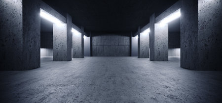 Big Rough Concrete Columns Pillars Grunge Asphalt Cement Dark Glowing Lights Underground Studio...