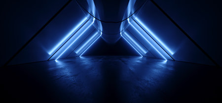 Cyber Triangle Neon Laser Glowing Dark Sci Fi Futuristic Led Blue Lights Tunnel Corridor Cement Concrete Spaceship Parking Underground Background Warehouse 3D Rendering Illustrationの写真素材