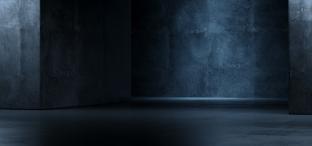 Realistic Garage Underground Blue Light Hallway Tunnel Corridor Sci Fi Futuristic Dark Parking Warehouse Cement Concrete Grunge Showroom Car Asphalt Stage 3D Rendering illustrationの写真素材
