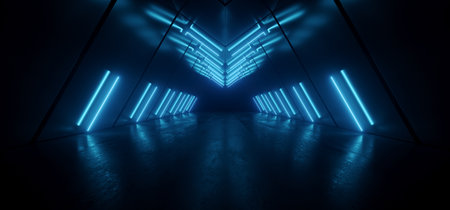 Cyber Triangle Neon Laser Glowing Dark Sci Fi Futuristic Led Blue Lights Tunnel Corridor Cement Concrete Spaceship Parking Underground Background Warehouse 3D Rendering illustrationの写真素材
