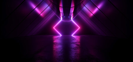 Cyber Neon Laser Glowing Dark Sci Fi Futuristic Led Gradient Purple Blue Red Light Tunnel Corridor Cement Concrete Spaceship Parking Underground Background Warehouse 3D Rendering Illustrationの写真素材