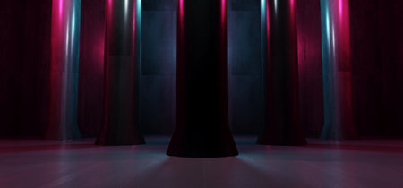 Neon Lgihts Purple Red Blue Magical Chaotic Retro Modern Column Grunge Concrete Hall Room Studio...