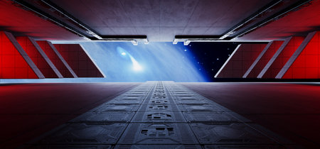 Futuristic Sci Fi Spaceship Station Colonization Space Bunker Concrete Cement Construction Panoramic Earth Stars View Realistic Showroom 3D Rendering illustrationの写真素材