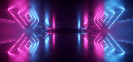 Neon Glowing Plasma Retro Cyber Virtual Purple Blue Luminous Fluorescent Tube Lights Abstract Grunge Concrete Tunnel Room Sci Fi Futuristic Stage Empty Night Background 3D Rendering Illustrationの写真素材