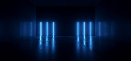 Neon Glowing Lights Retro Cyber Virtual Blue Luminous Fluorescent Tube Lights Abstract Grunge Concrete Tunnel Room Sci Fi Futuristic Stage Empty Night Background 3D Rendering Illustrationの写真素材