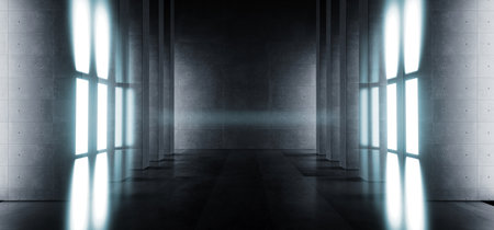 Sci Fi Futuristic Modern Grunge Concrete White Blue Glowing Stage Hall Garage Underground Room Tunnel Corridor Dark Reflective Empty Background Spaceship Gate 3D Rendering Illustrationの写真素材