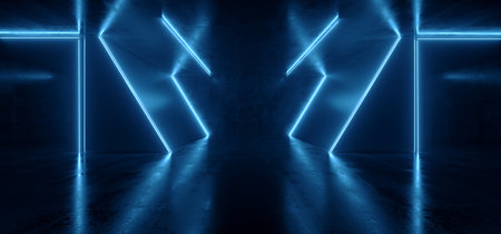 Neon Laser Sci Fi Futuristic Blue Glowing Fluorescent Lights Asphalt Cement Triangle Tunnel Corridor Warehouse Underground Cement Floor Night Dark Background Cyber Virtual Reality  Illustrationの写真素材