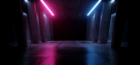 Neon Laser Glowing Purple Blue Red Grunge Concrete Underground Tunnel Corridor Glossy Reflective Columns Cement Asphalt TRiangle Shaped Tilted Background Hallway Warehouse 3D Rendering illustrationの写真素材