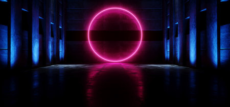 Sci Fi Futuristic Alien Circle Red Purple Shape Concrete Dark Grunge Stage Podium Hall Glowing Blue Laser Led Spot Light Cyber Virtual Underground Club Garage Product Showcase Background 3D Rendering Illustrationの写真素材