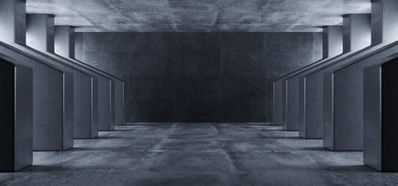 Concrete Grunge Big Hall Tunnel Alien Corridor Empty Futuristic Modern White Glowing Windows Stage Podium Industrial Garage Underground 3D Rendering Illustrationの写真素材