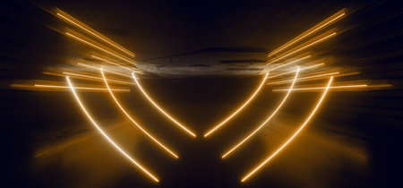 Sci Fi Dark Futuristic Orange Cyber Neon Fluorescent Lights Glowing In Cement Tunnel Corridor...