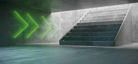 Futuristic Sci Fi Big Concrete Underground Tunnel With Glowing Neon Light Signs And Concrete Stairs...