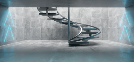 Futuristic Sci Fi Big Concrete Underground Tunnel With Glowing Neon Light Signs And Spiral Stairs Empty Space 3D Rendering Illustrationの写真素材
