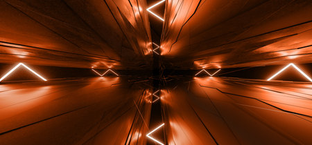 Abstract Sci Fi Futuristic Neon Orange Tunnel Vibrant Tiled Walls Corridor Reflective Electric Laser Glowing Dark Background 3D Rendering illustrationの写真素材