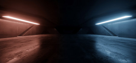 Sci Fi Futuristic Background Concrete Grunge Column Pillars Dark Underground Hall Corridor Tunnel Led Lights Laser Orange Blue Reflection Alien 3D Rendering  Illustrationの写真素材