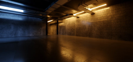 Underground Industrial Cyber Sci Fi Futuristic Neon Fluorescent Orange Blue Glowing Lights Garage Cement Grunge Dark Concrete Car Parking Tunnel Corridor Background 3D Rendering Illustrationの写真素材