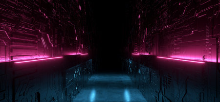 Futuristic Cyber Sci Fi Schematic Metal Reflective Neon Glowing Purple Blue Texture Electric Tunnel...