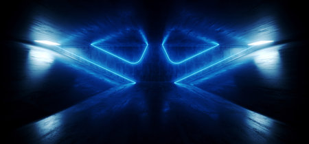 Dark Night Stage Club Alien Neon Futuristic Sci Fi Blue Glowing Laser Beams Cement Concrete Grunge Reflections Empty Space Cyber Virtual Background 3D Rendering Illustrationの写真素材