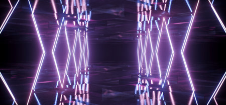 Neon Lights Glowing Lines Beams Lasers Podium Showcase Purple Blue Metal Concrete Underground Sci Fi...