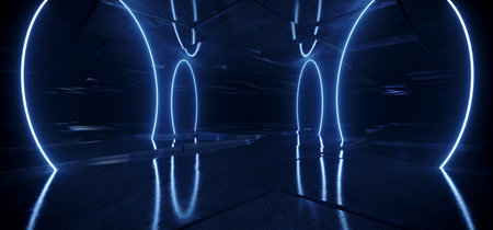 Neon Lasers Circle Blue Tiled Floor Reflective Metal Dark Underground Tunnel Corridor Spaceship Synth Vibrant Garage Warehouse Electric 3D Rendering Illustrationの写真素材