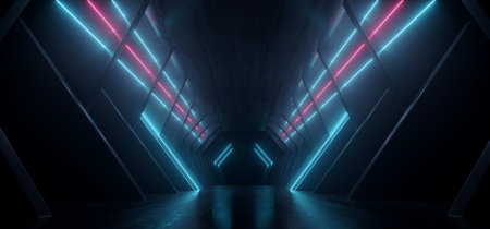 Neon Sci Fi Retro Modern Glowing Laser Electric Alien Spaceship Tunnel Garage Corridor Hangar Purple Blue Concrete Glossy background 3D Rendering Illustrationの写真素材