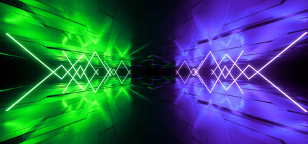 Abstract Sci Fi Neon Futuristic Synth Cyber Virtual Glowing Vibrant Green Purple Lights Dance Stage Night Underground Tunnel Corridor Metal Tiles Reflective  Laser Background 3D Rendering Illustrationの写真素材
