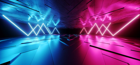 Sci Fi Dark Blue Purple Underground Parking Tiled Floor Reflective Metal Neon Glowing Laser Electric Shaped Lights Vibrant Sci Fi Futuristic Background Synth 3D Rendering Illustrationの写真素材