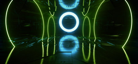 Neon Lights Glowing Circle Beams Lasers Podium Showcase Green Blue Metal Concrete Underground Sci Fi Futuristic Cyber Synth Dance Club Spaceship Dark Night Background 3D Rendering illustrationの写真素材