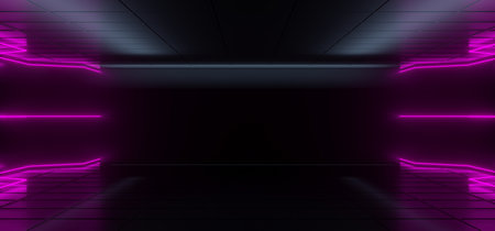 Modern Futuristic  Hi-Tech Dark Room With Neon Glowing Light Tubes With Purple Color And Empty Space In Middle 3D Rendering Illustrationの写真素材