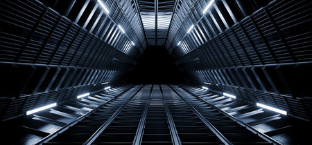 Sci Fi Futuristic Metal Steel Alien Spaceship Tunnel Hangar Structure Triangle Shaped Corridor Dark Realistic Glossy Basement Hyper Space Background Warehouse 3D Rendering Illustrationの写真素材