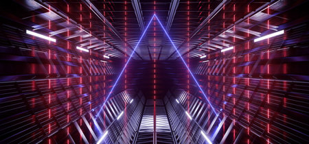Triangle Neon Laser Fluorescent Purple Red Blue Glowing Sci Fi Futuristic Warehouse Hangar ...