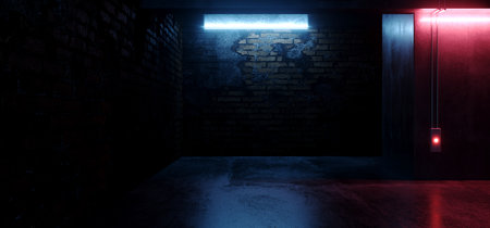 Showcase Neon Club Retro Brick Walls Concrete Grunge Underground Club Dark Cyber Purple Blue Lights Hangar Car Parking Room Tunnel Corridor Hallway 3D Rendering illustrationの写真素材
