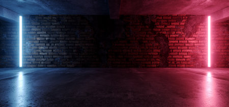 Neon Lights Grunge Sci Fi Underground Garage Car Room Cement Asphalt Concrete Brick Wall Realistic Blue Purple Colors Cyber Background 3D Rendering Illustrationの写真素材