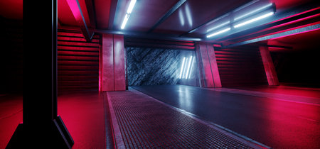 Underground Neon Cyber Sci Fi Futuristic Rock Wall Cement Concrete Basement Nuclear Bunker Parking Showroom Grunge Car Metal Door Corridor 3D Rendering  Illustrationの写真素材