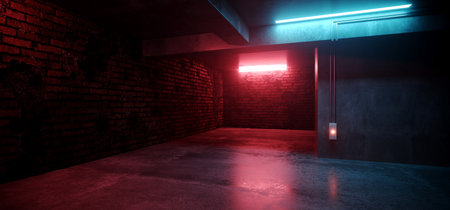 Neon Lights Grunge Sci Fi Underground Garage Car Room Cement Asphalt Concrete Brick Wall Realistic Blue Purple Colors Cyber Background 3D Rendering Illustrationの写真素材