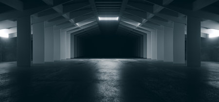Alien Spaceship Sci Fi Concrete Rough Cement Garage Tunnel Corridor Warehouse Showroom Underground Futuristic Modern Background 3D Rendering  Illustrationの写真素材