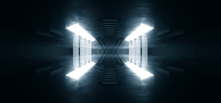 Neon Studio Laser Electric Glowing Hangar Blue Lights In Sci Fi Futuristic Warehouse Cement Concrete  Tunnel Corridor  Alien Spaceship 3D Rendering illustrationの写真素材
